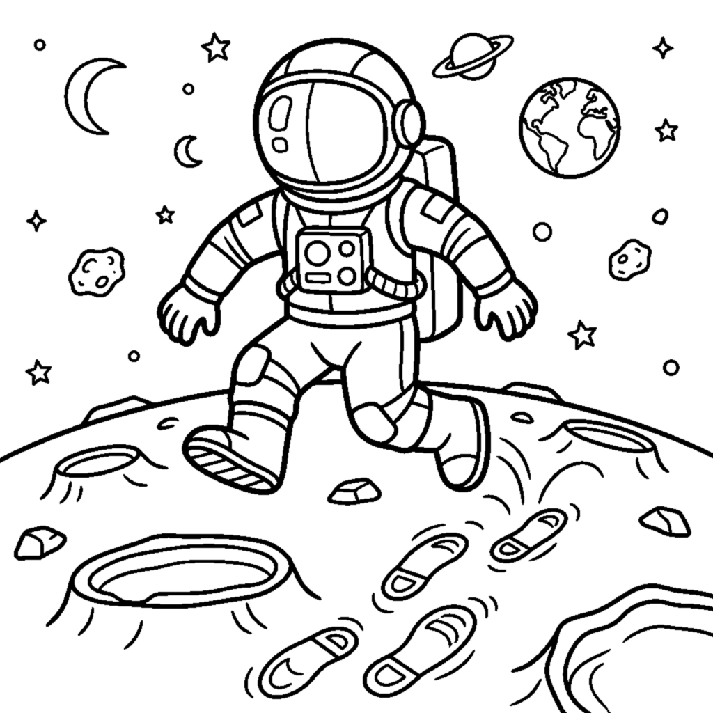 An astronaut bouncing over moon craters with big footprints behind coloring page