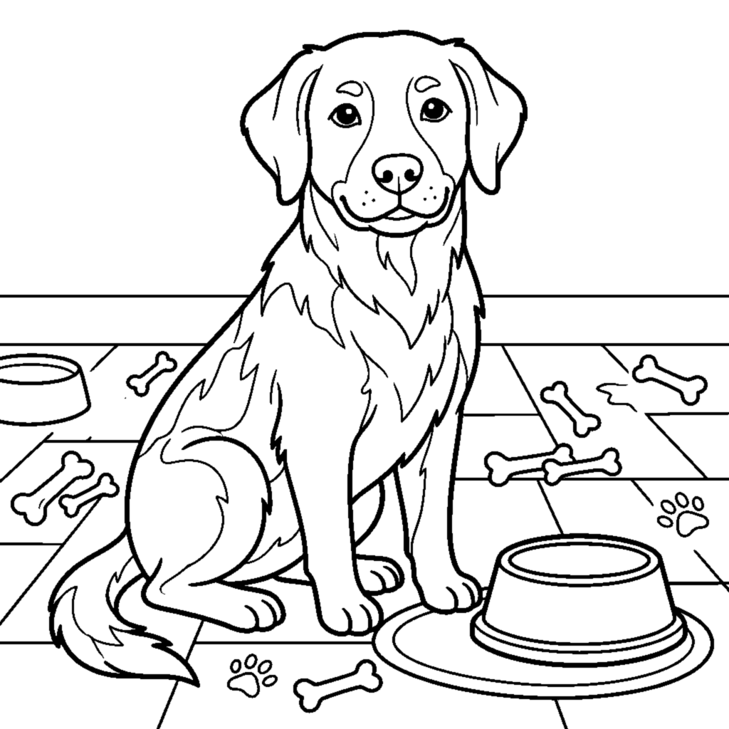 A dog sitting politely next to its food bowl coloring page