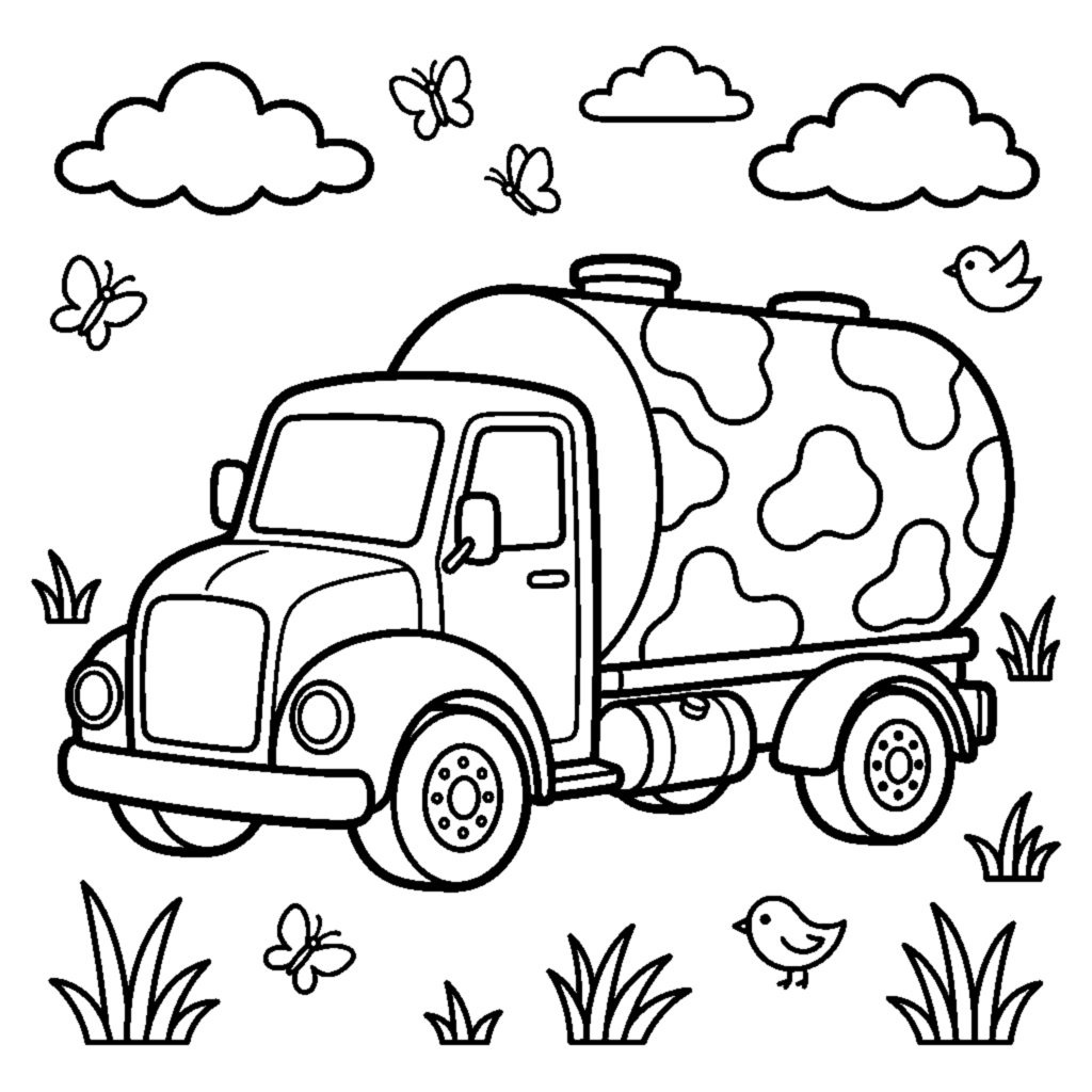 A milk tanker truck with a shiny rounded tank and little cow-spot patterns coloring page