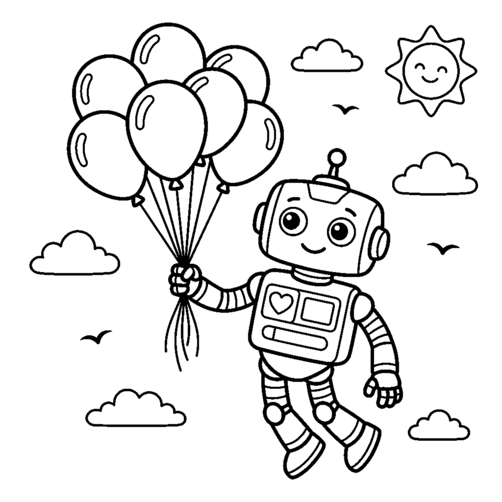 A robot holding a bunch of balloons floating upward coloring page
