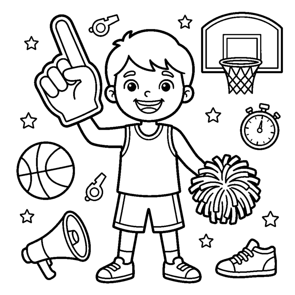 A cheering kid holding a big foam pointing-finger and pom-pom coloring page