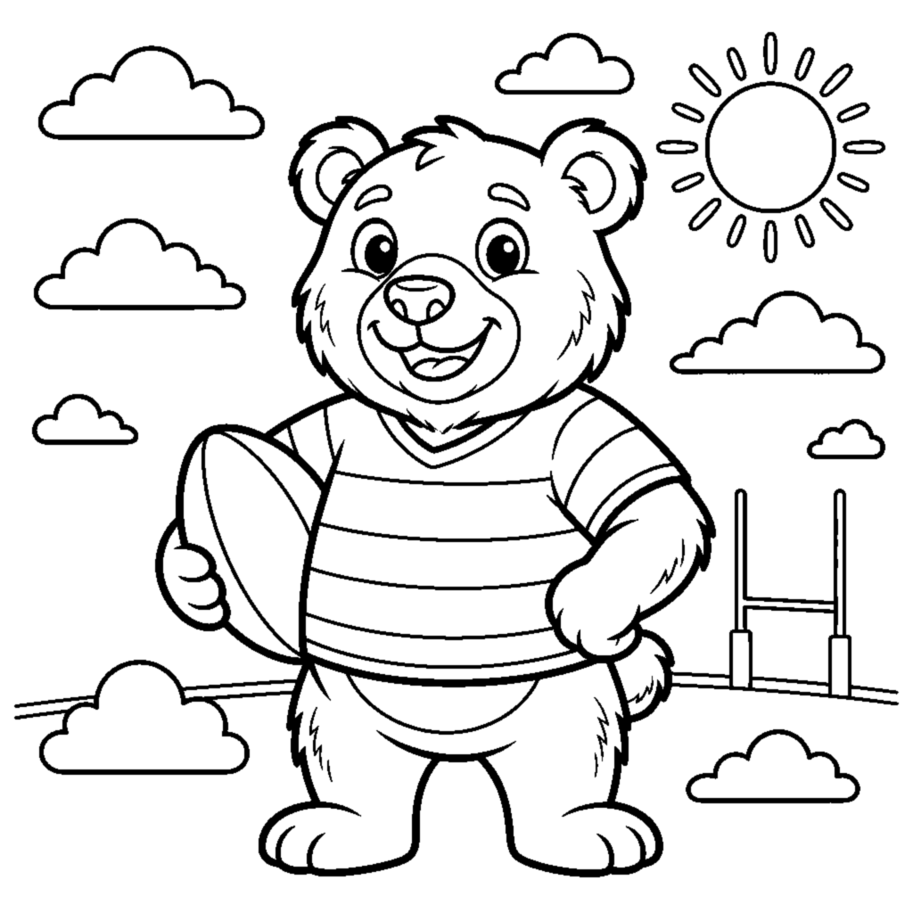 A cute rugby team mascot bear wearing a plain striped jersey coloring page
