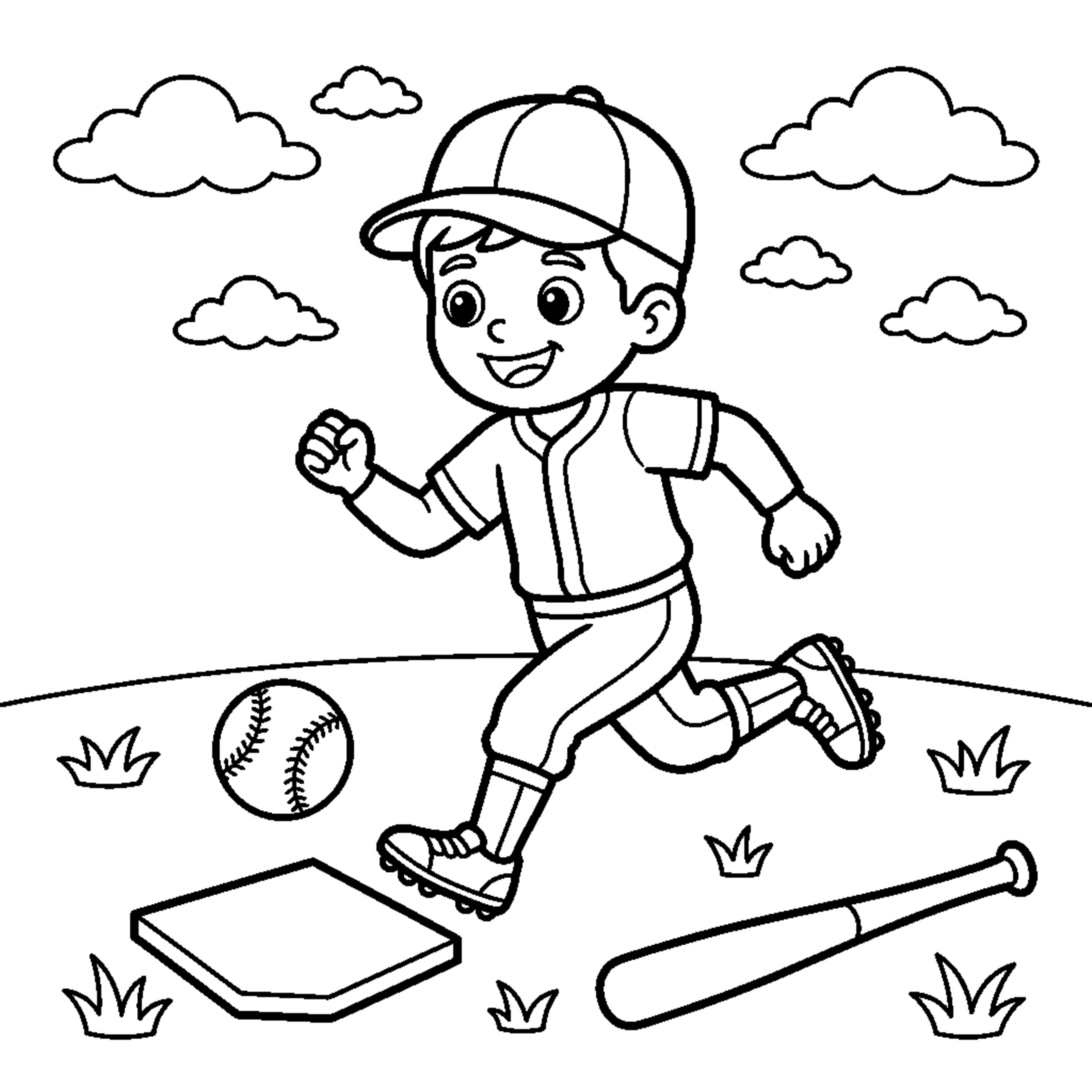A smiling child running toward a base coloring page