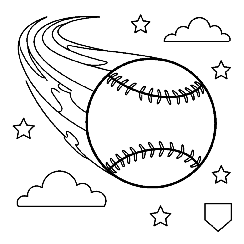 A baseball flying with little motion swoosh lines behind it coloring page