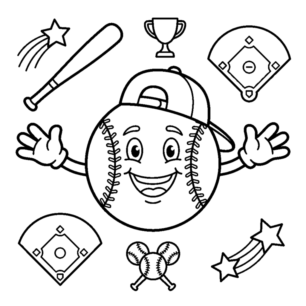 A friendly cartoon baseball character with arms and a smile coloring page