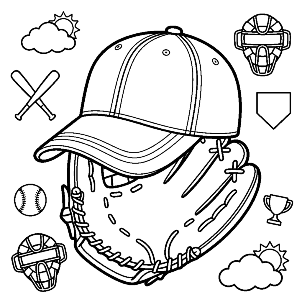 A baseball cap resting on top of a leather baseball glove coloring page