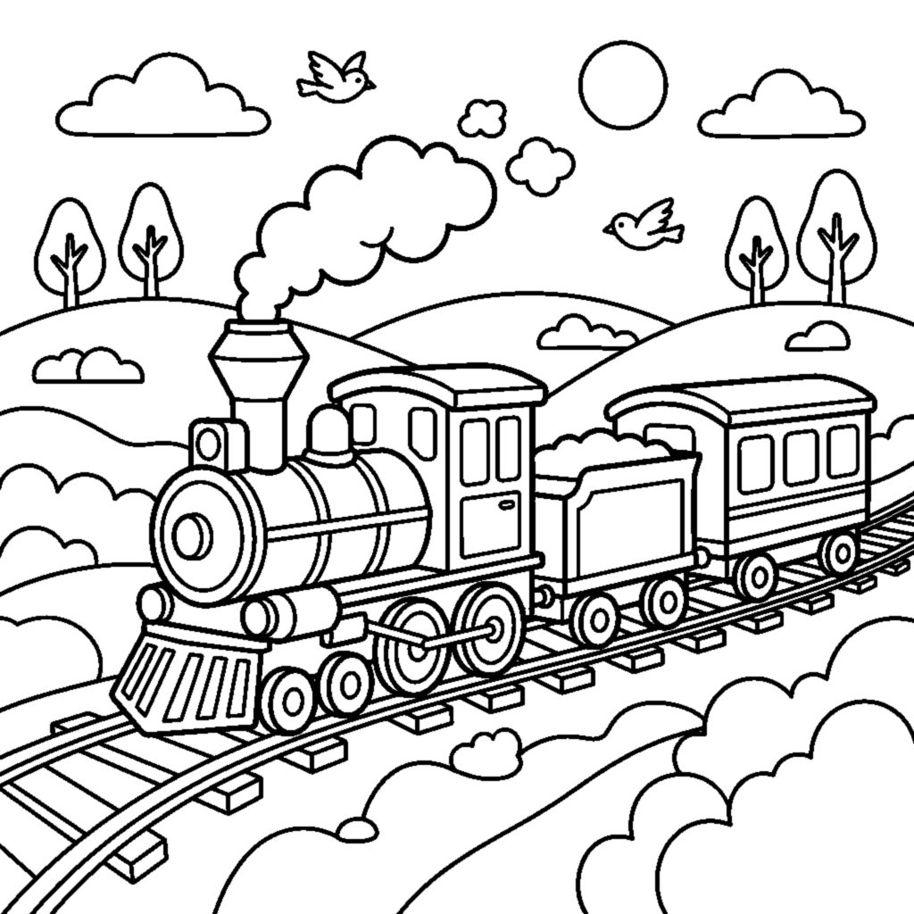 A cheerful steam train puffing smoke traveling through rolling green hills coloring page