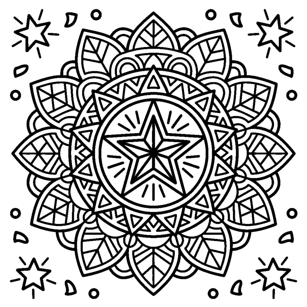 Shining Mandala with a Five-Pointed Star coloring page