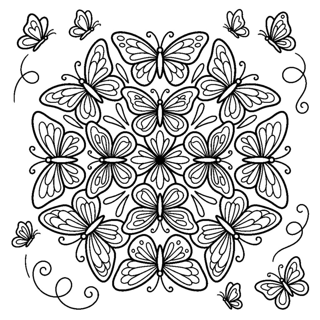 Round Mandala Surrounded by Butterfly Wings coloring page
