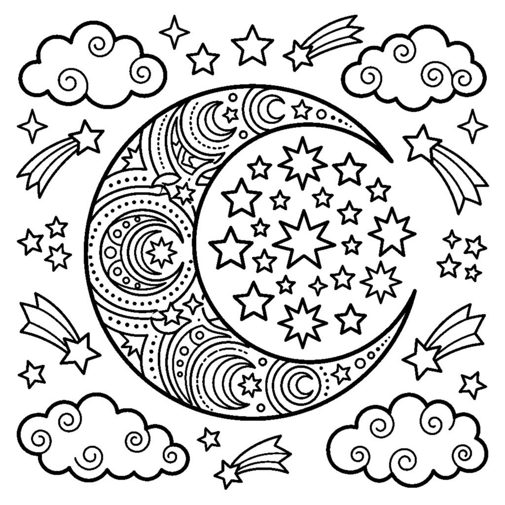 Night Sky Mandala with Little Stars and a Moon coloring page