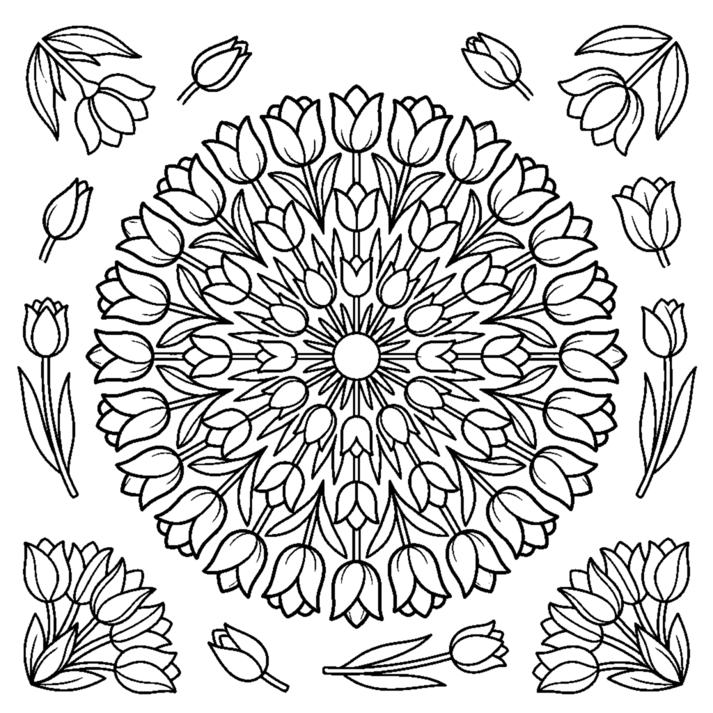 Blooming Tulip Mandala with Rings of Petals coloring page