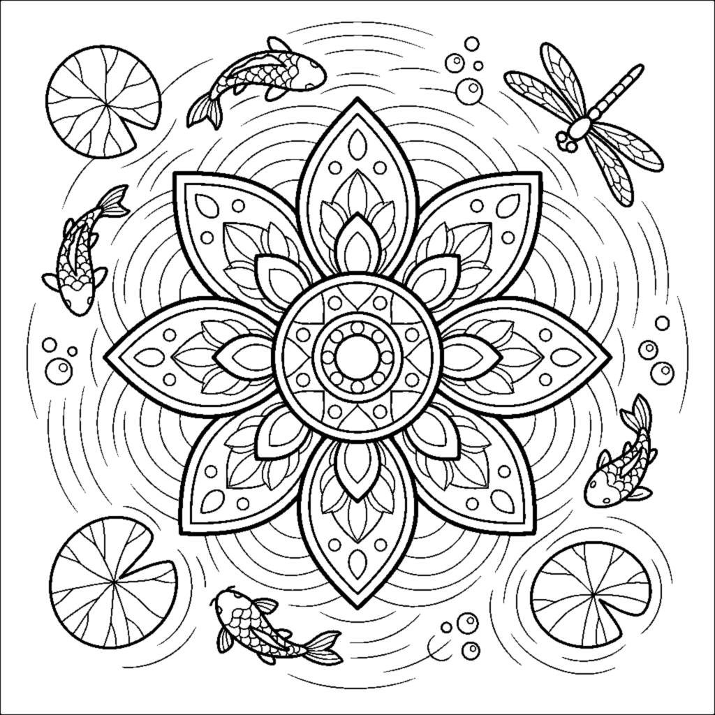 Pond Mandala with an Eight-Petal Lotus Flower coloring page