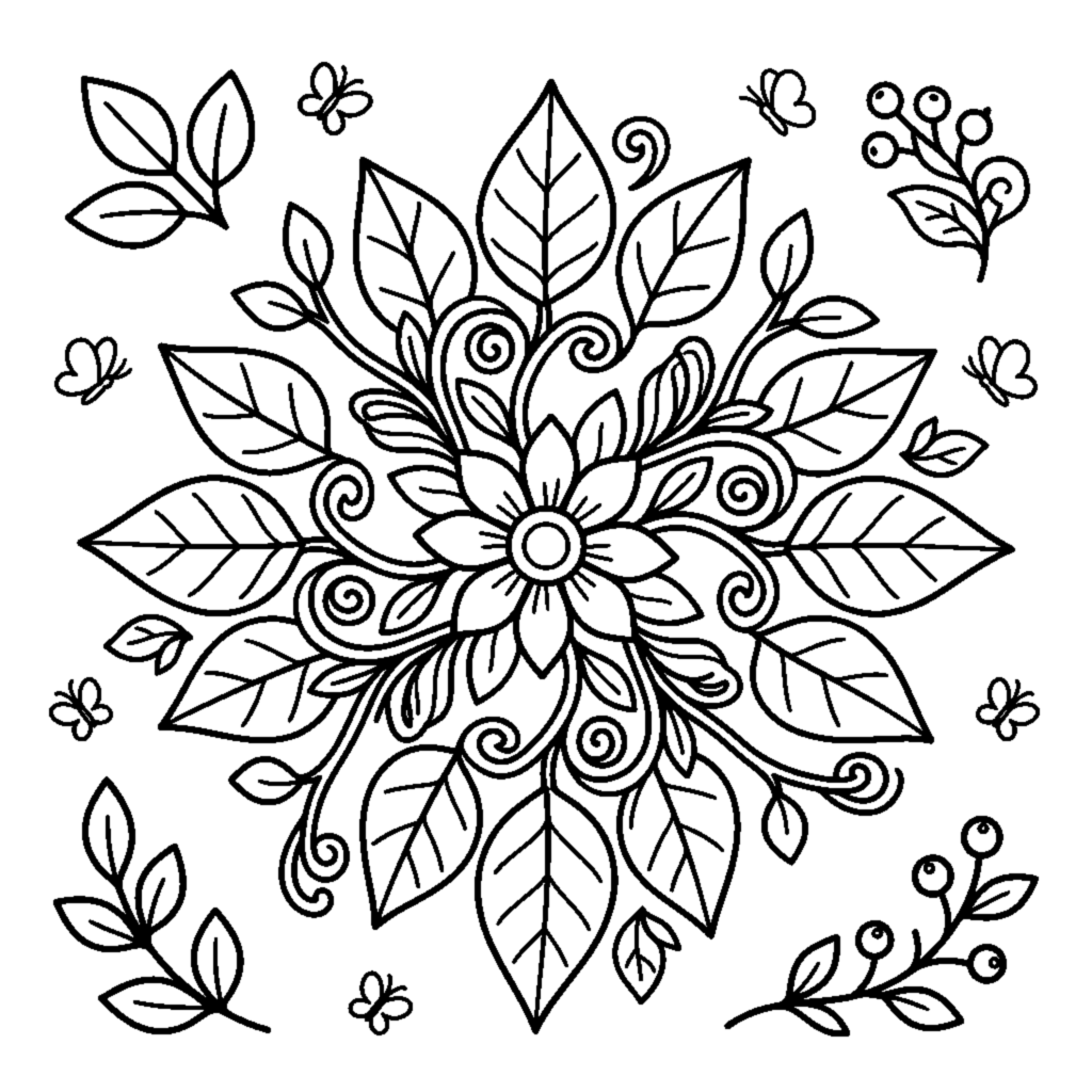 Nature Mandala with Winding Leaves and Sprouts coloring page