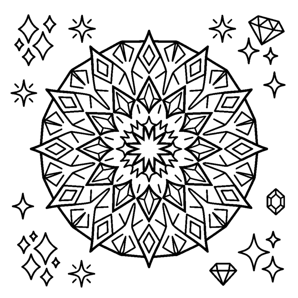 Sparkling Gemstone Mandala with Diamond Shapes coloring page