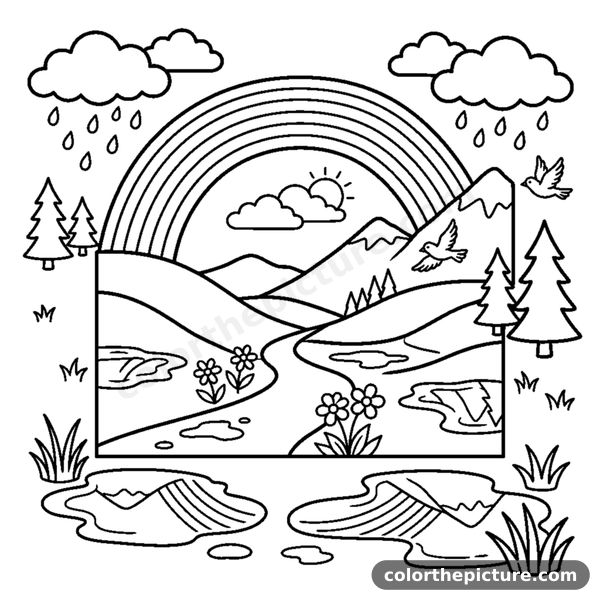 Wet Valley and Puddle Reflections After a Rainbow coloring page