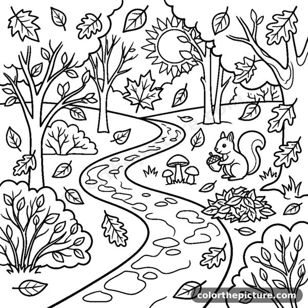 Falling Leaves on a Winding Path in the Autumn Forest coloring page