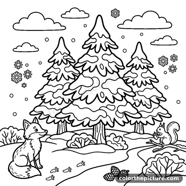 Quiet Pine Forest During the First Snowfall coloring page