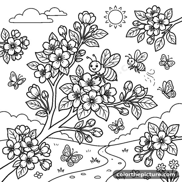 Blooming Orchard with Buzzing Bees in Spring coloring page