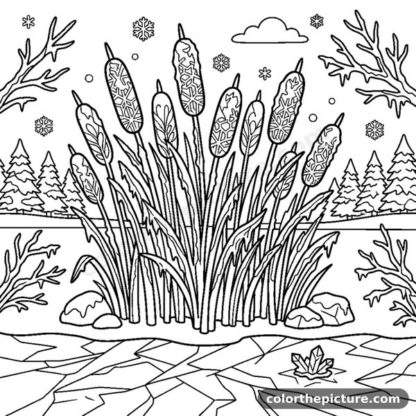 Frozen Lake and Frosty Reeds on a Winter Morning coloring page