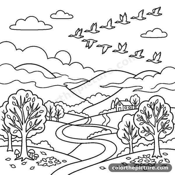 Misty Autumn Hills with a Flock of Flying Birds coloring page