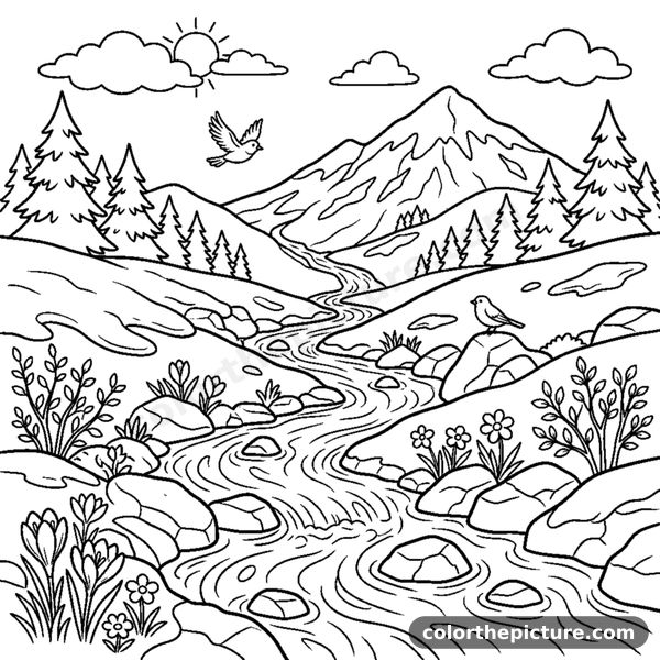 Rushing Mountain Stream as Snow Melts in Spring coloring page