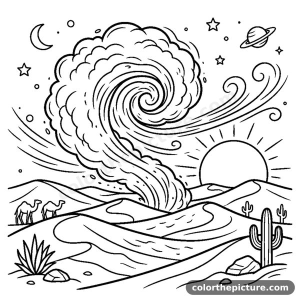 Windy Sand Dunes and a Dust Cloud at Twilight coloring page