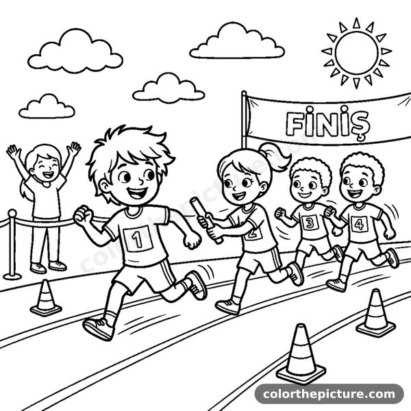 Happy Kids Running a Relay Race Together coloring page