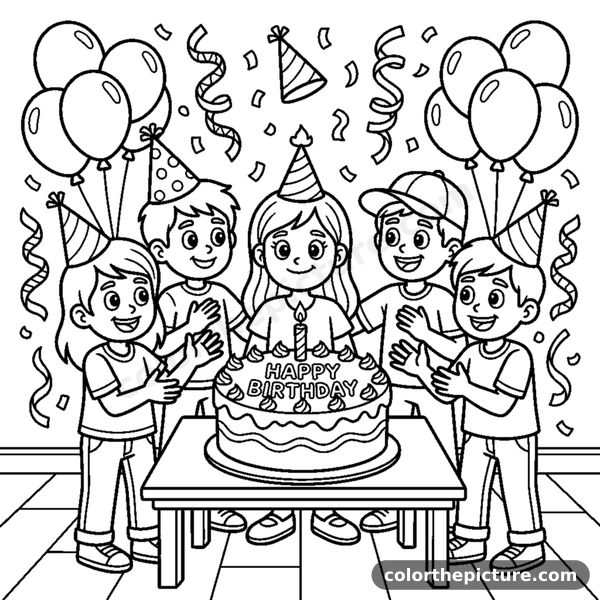 Friends Celebrating Around a Birthday Cake coloring page