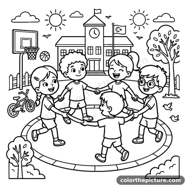Kids Holding Hands and Playing in a Circle coloring page