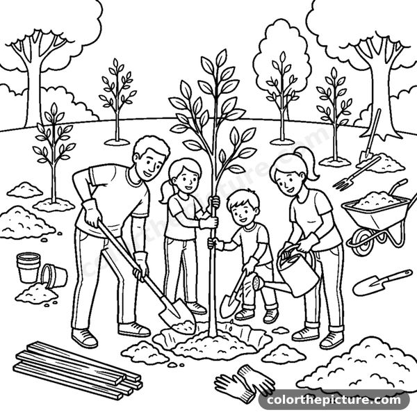 Friends Helping Each Other Plant a Tree coloring page