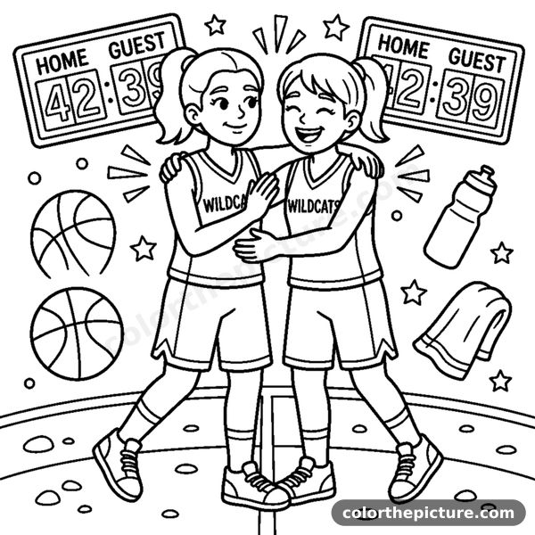 Teammates Cheering and Hugging at a Basketball Game coloring page