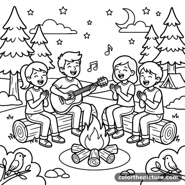 Friends Singing and Playing Guitar by the Campfire coloring page