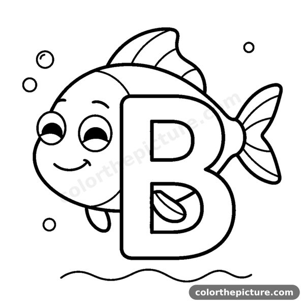 Letter B and a happy Fish coloring page