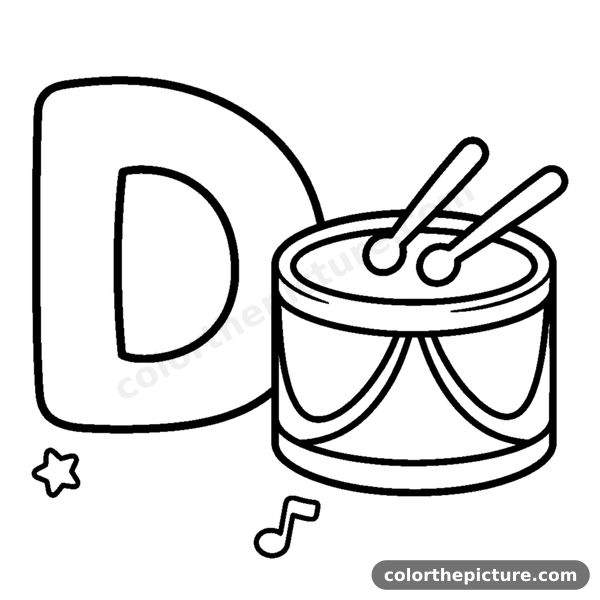 Letter D and a cute Drum coloring page