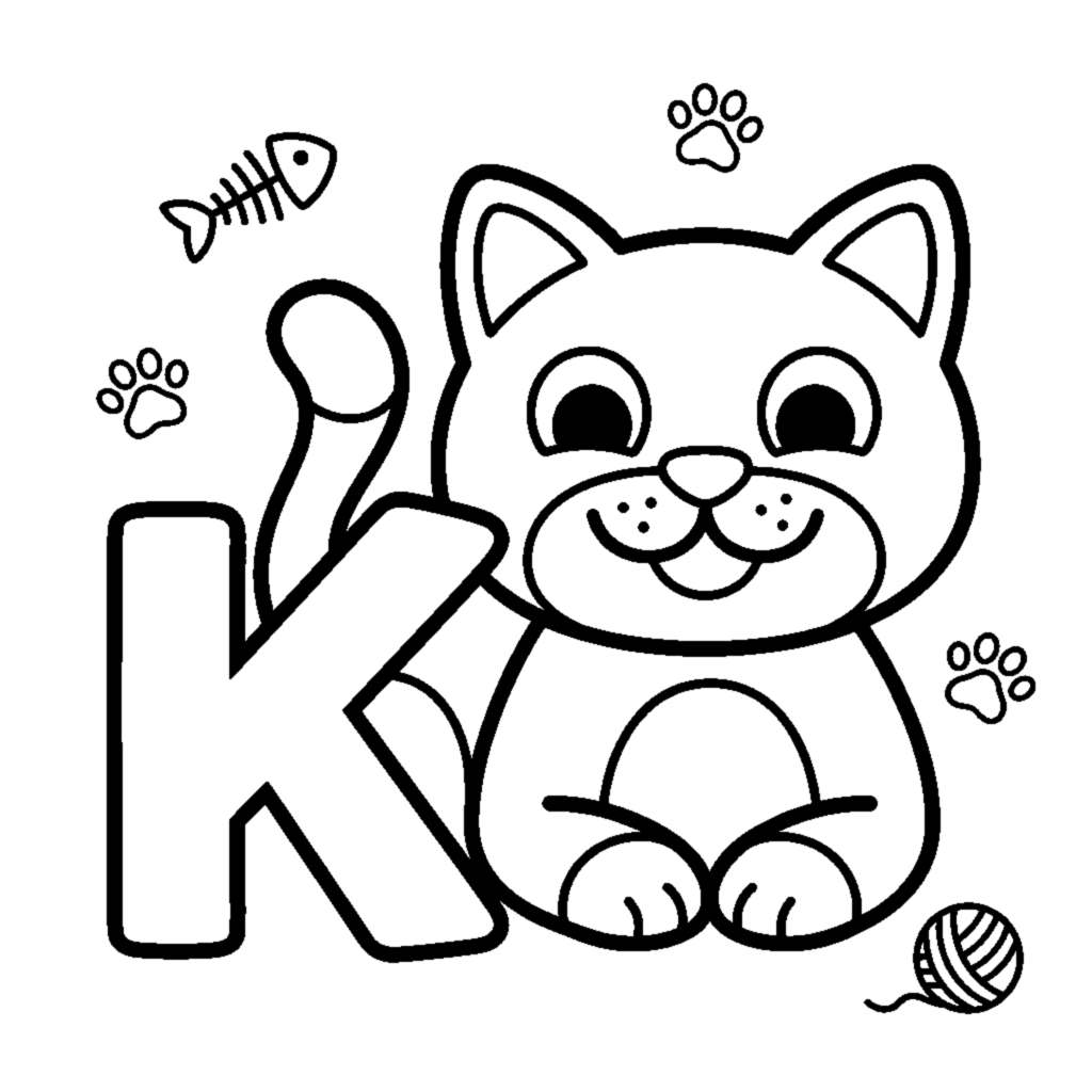 Letter K and a happy Cat coloring page