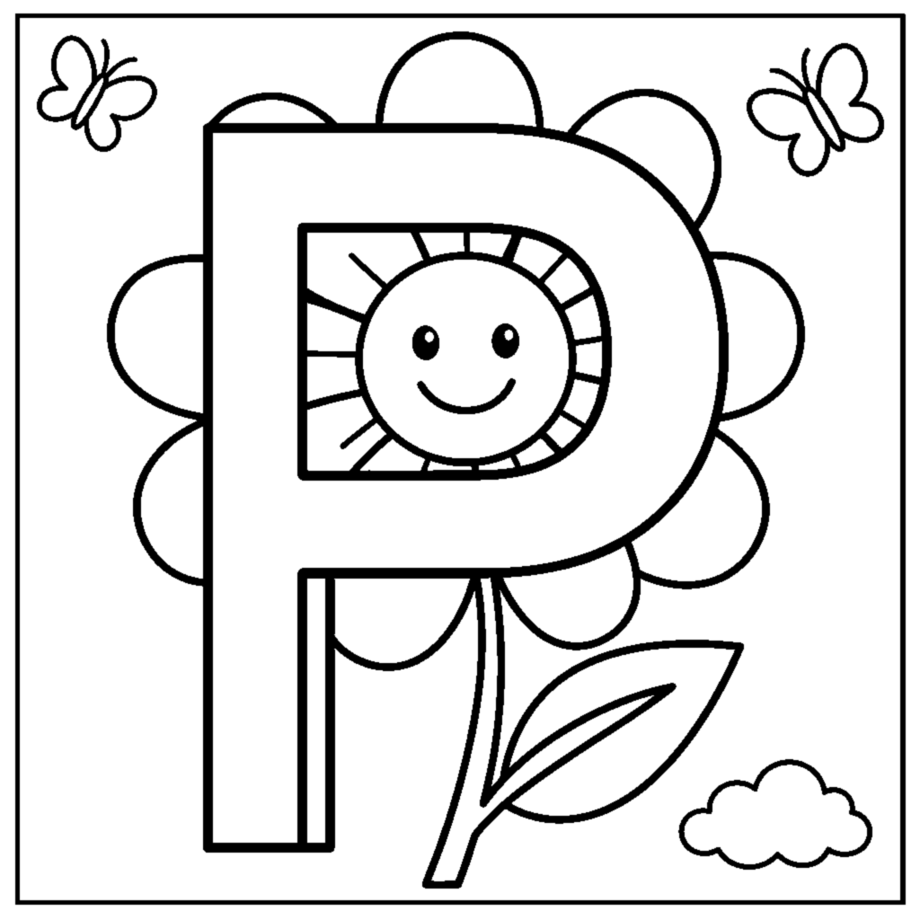 Letter P and a pretty Daisy coloring page