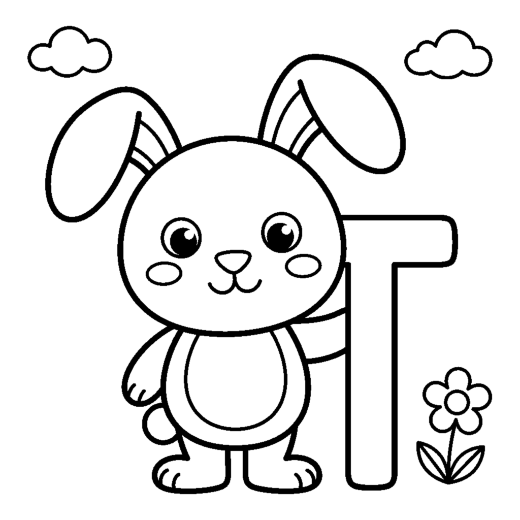 Letter T and a tiny Rabbit coloring page