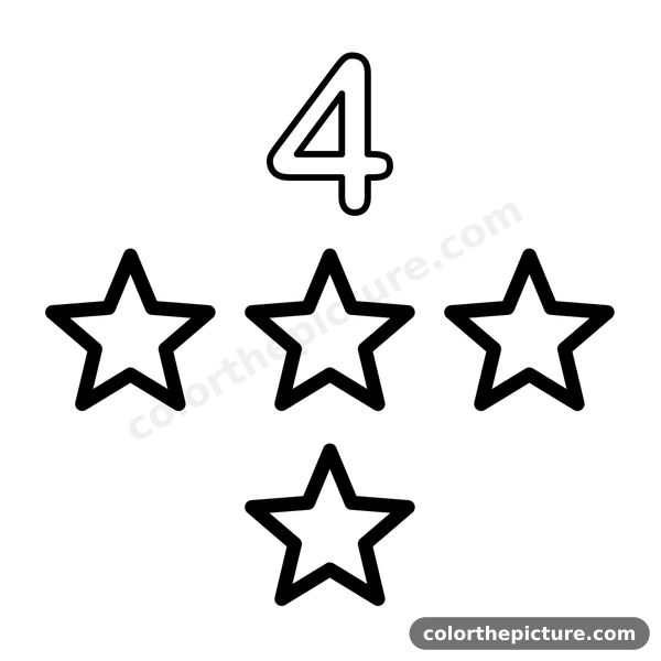 Number 4 and 4 little stars coloring page