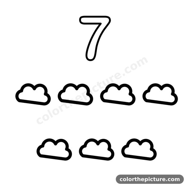 Number 7 and 7 fluffy clouds coloring page