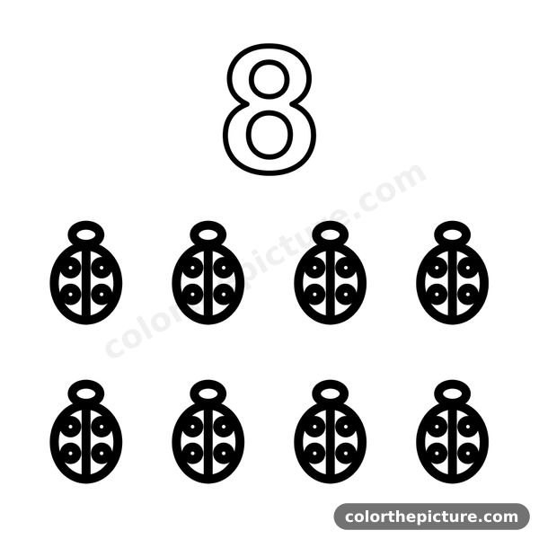 Number 8 and 8 tiny bugs coloring page