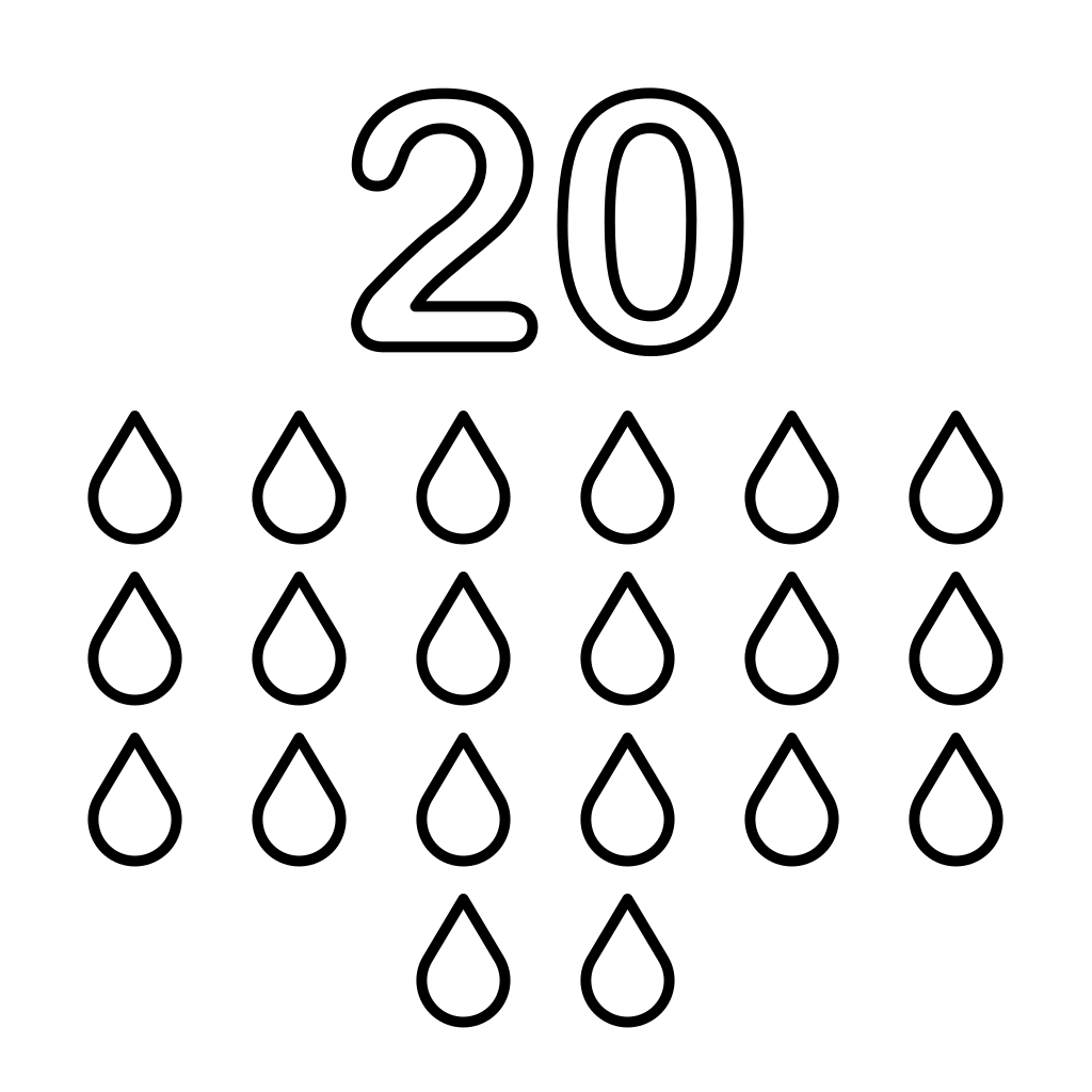 Number 20 and 20 shiny drops coloring page