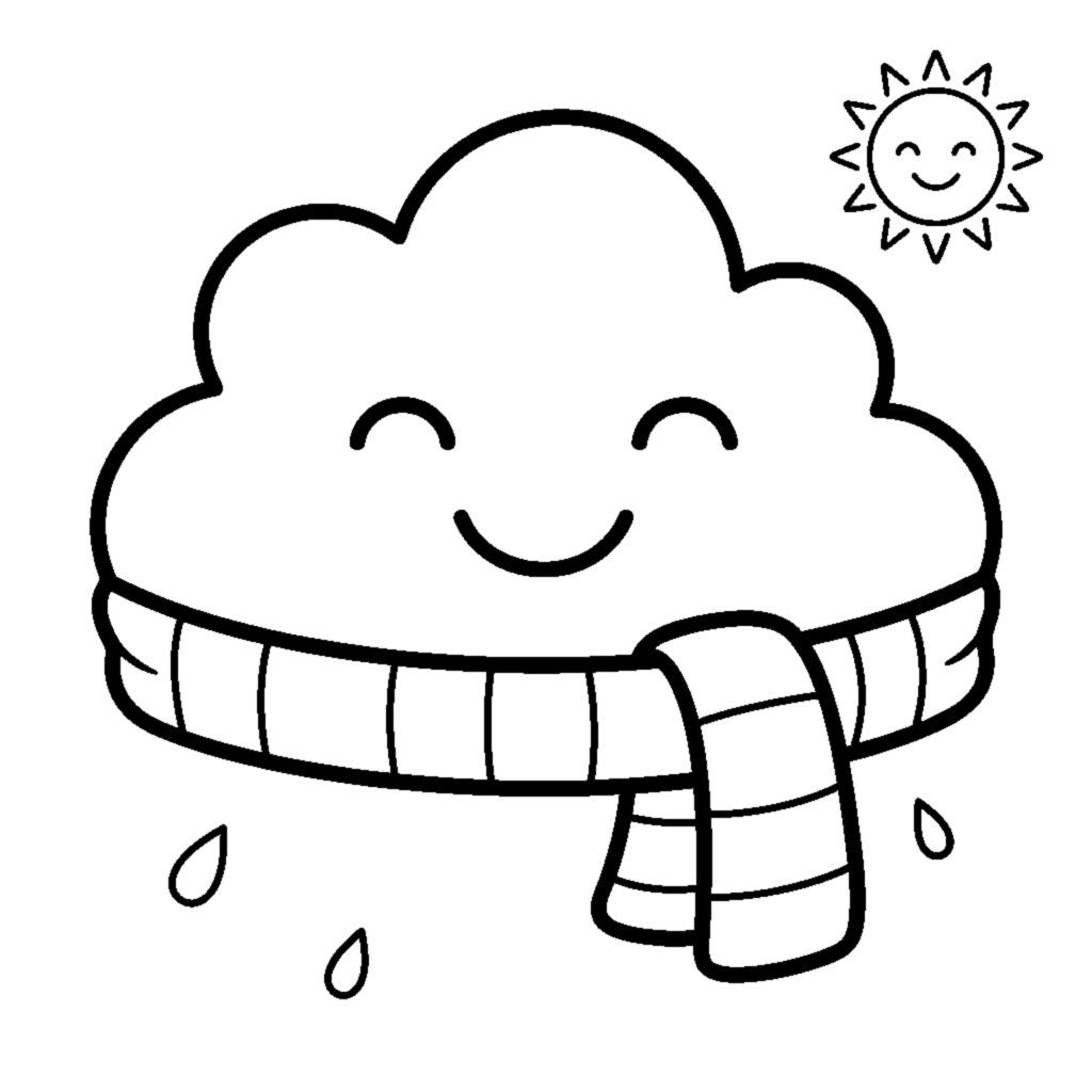 A smiling cloud wearing a scarf coloring page