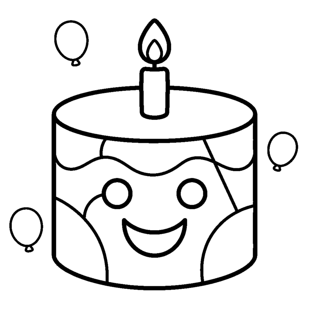 A big smiling cake with one candle coloring page