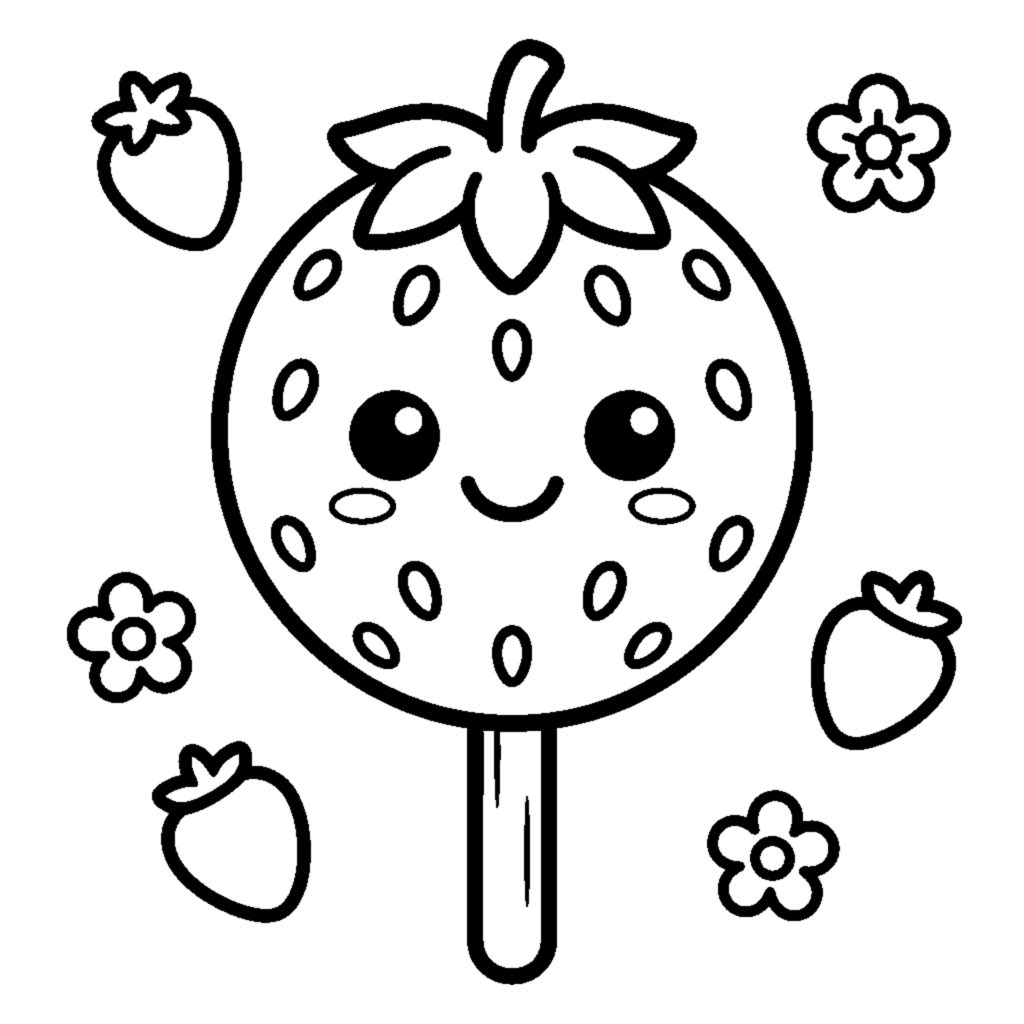 Big smiling strawberry lollipop coloring page