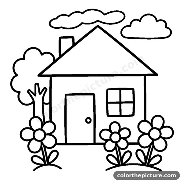 Cute little house with flowers in its garden coloring page