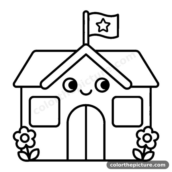 Happy kindergarten with a flag on top coloring page