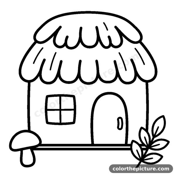Cute forest cabin with a straw roof coloring page