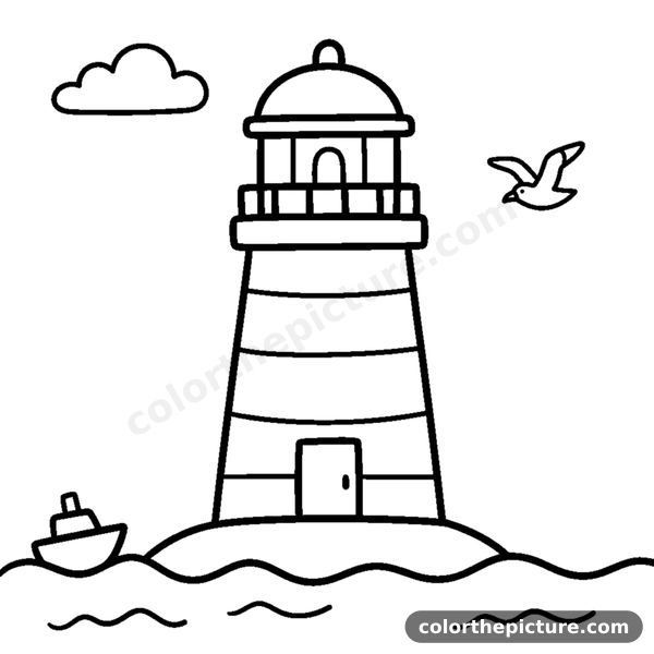 Striped lighthouse by the sea coloring page