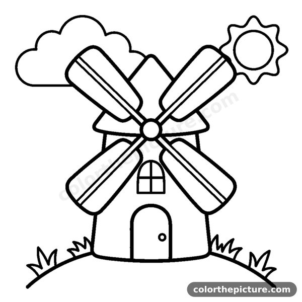 Tiny windmill with spinning sails coloring page