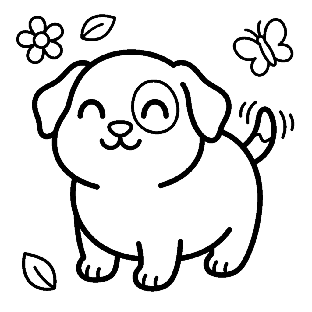 Chubby puppy wagging its tail coloring page